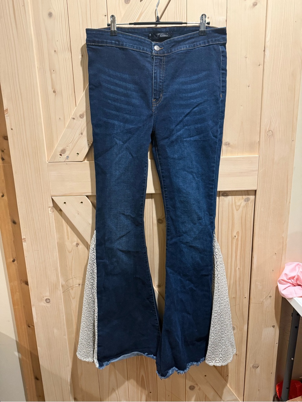 Lucky & Blessed Dark Blue Flare Jeans with Cream Contrast Panels